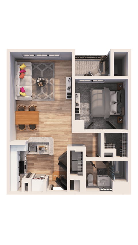 Floor plan for 1 bed, 1 bath, 730 sqft